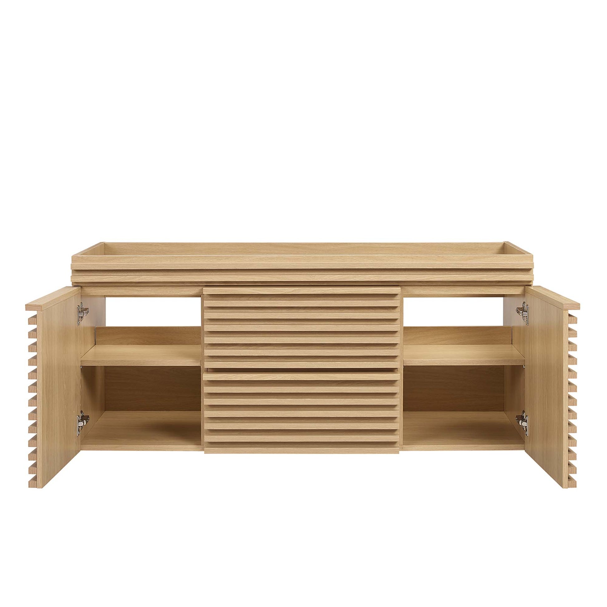 Oak wood bathroom vanity cabinet with central ribbed slats and two side cabinets with interior shelves.