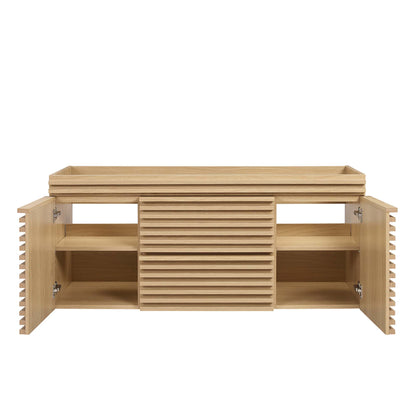Oak wood bathroom vanity cabinet with central ribbed slats and two side cabinets with interior shelves.