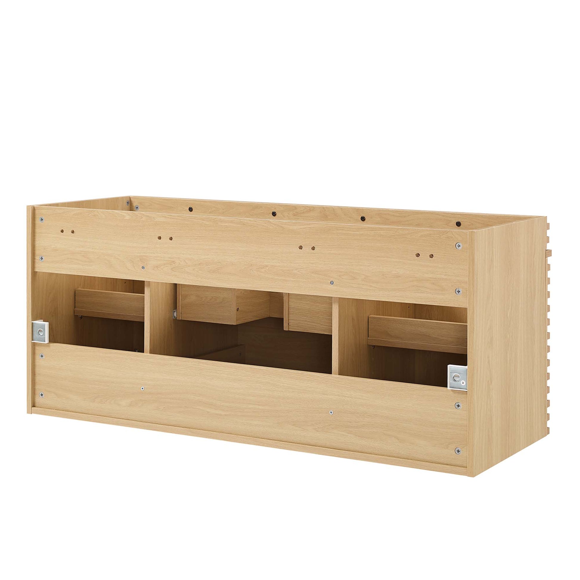 Oak-finish bathroom vanity cabinet with open-front cubby storage; designed to accommodate a 48-inch single-sink setup (sink not included).