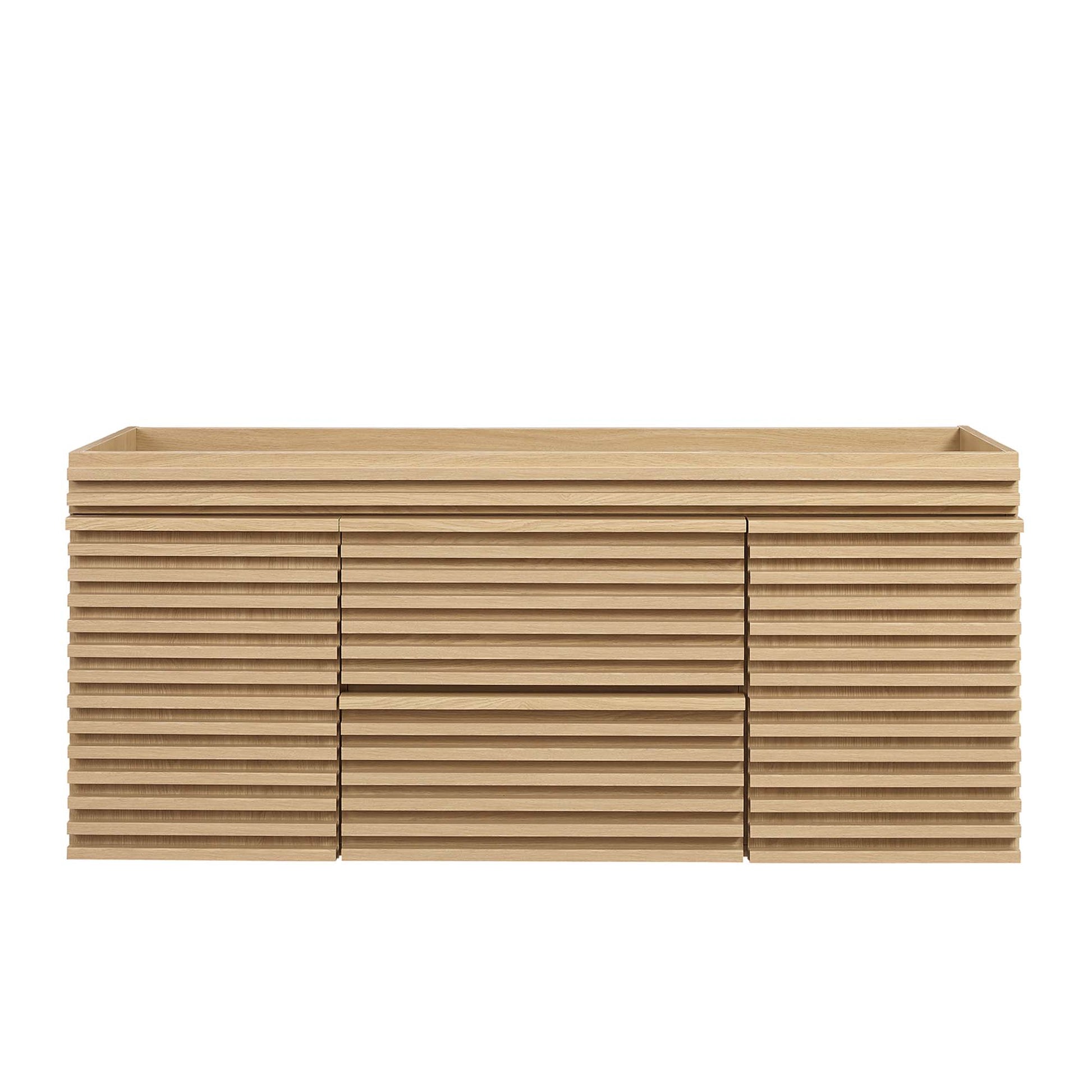 Oak-finished bathroom vanity cabinet in brown oak, designed for a single sink.