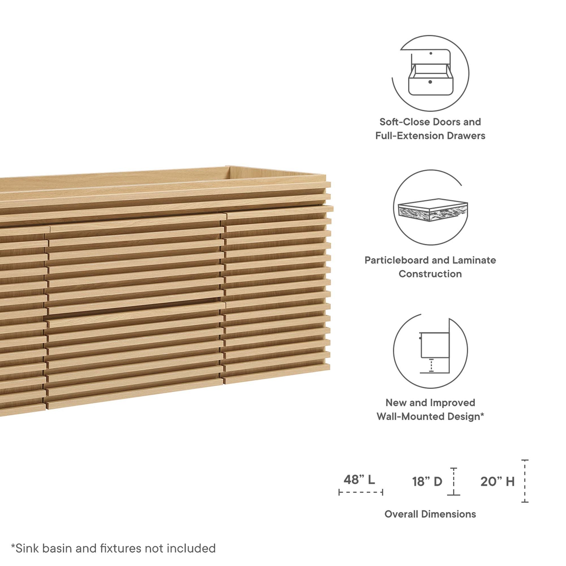 Oak-finish wall-mounted slatted storage cabinet, rectangular console with horizontal slats; 48in L x 18in D x 20in H.