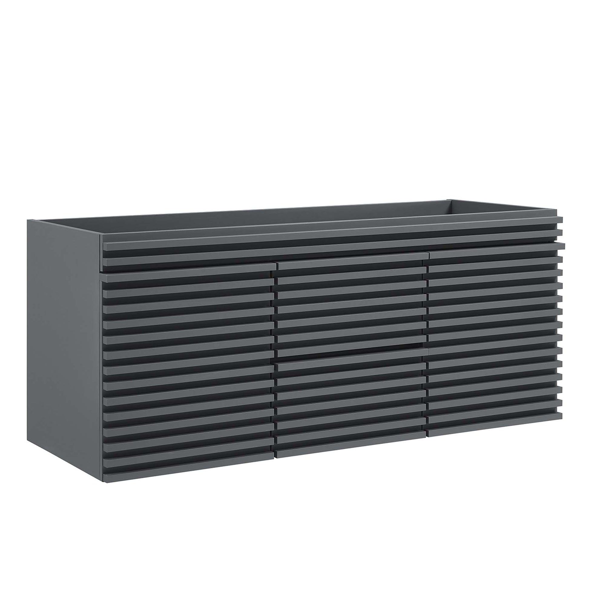 Gray bathroom vanity cabinet, 48 inches wide, compatible with double sinks.