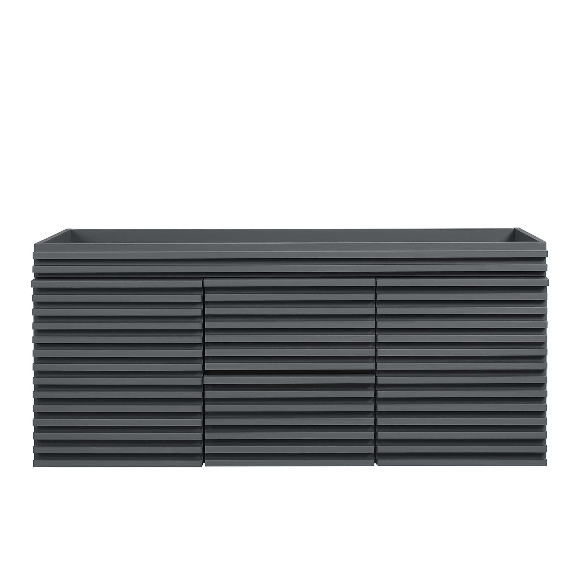 Dark gray rectangular bathroom vanity cabinet with storage, designed for a double sink setup.
