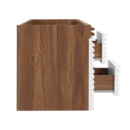 Walnut-finish bathroom vanity cabinet with white side pull-out drawers for organized storage