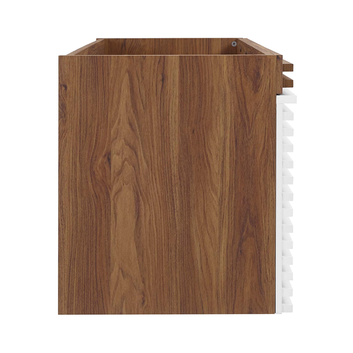 White walnut bathroom vanity cabinet, 48" wide, double sink compatible (not included).