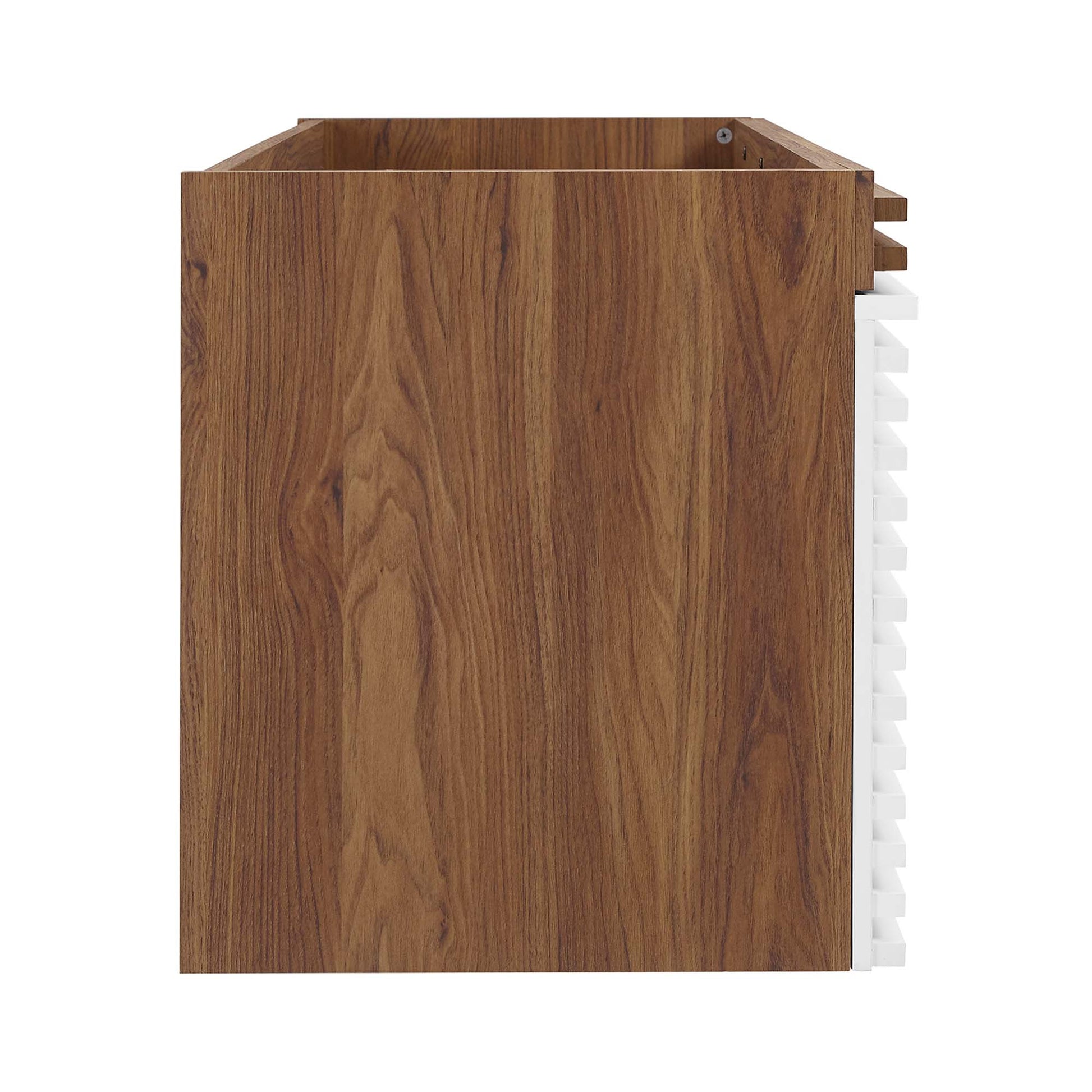 White walnut bathroom vanity cabinet, 48" wide, double sink compatible (not included).