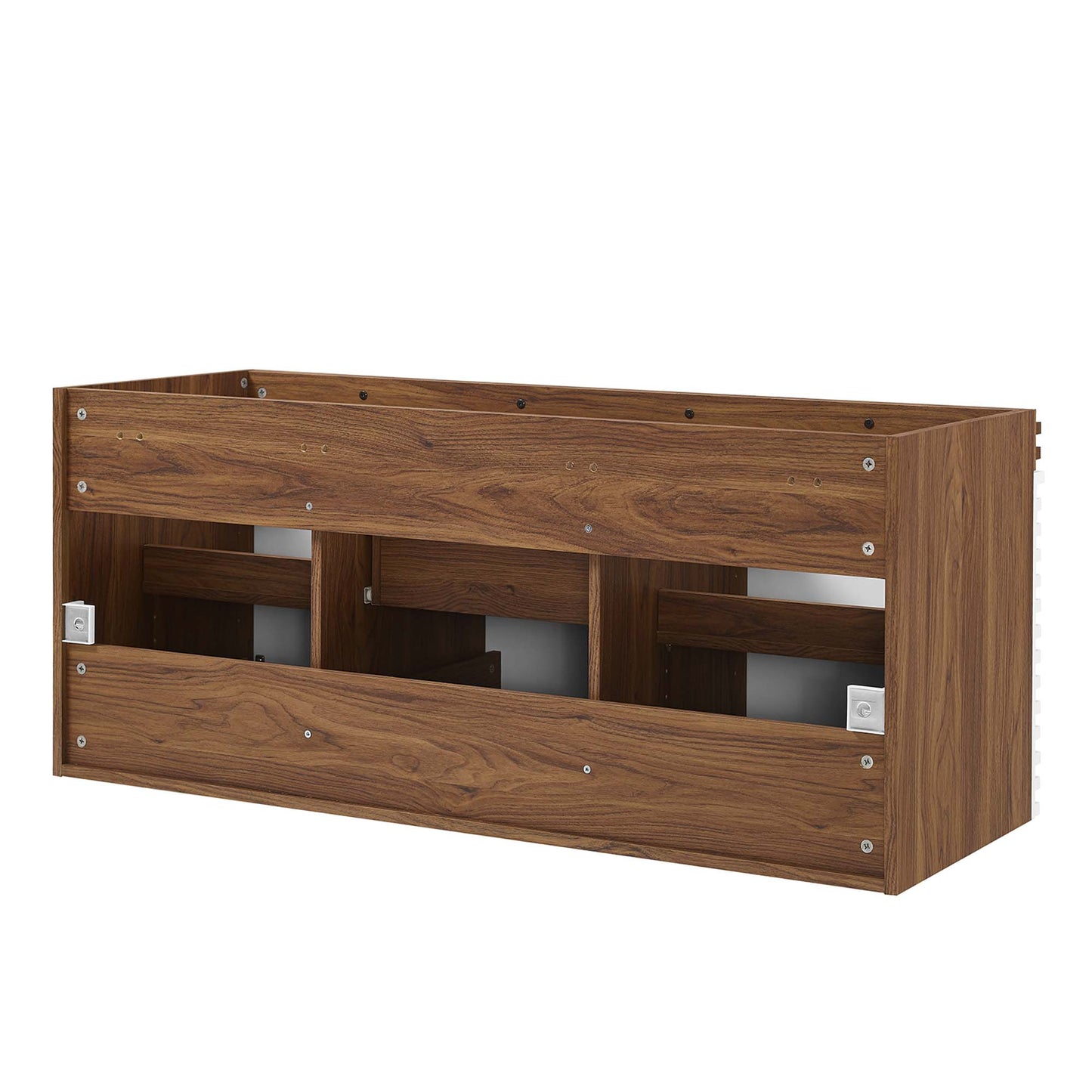 White walnut-finish rectangular bathroom vanity cabinet with doors and open cubbies for storage.