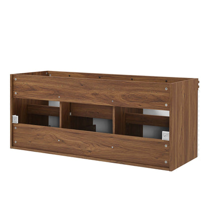 White walnut-finish rectangular bathroom vanity cabinet with doors and open cubbies for storage.