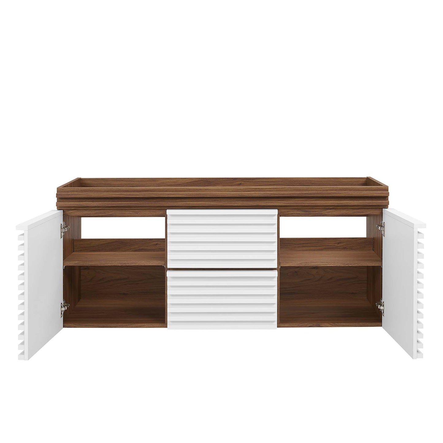 Walnut-top, white-frame bathroom vanity cabinet with doors open to reveal shelves and slatted central drawers.