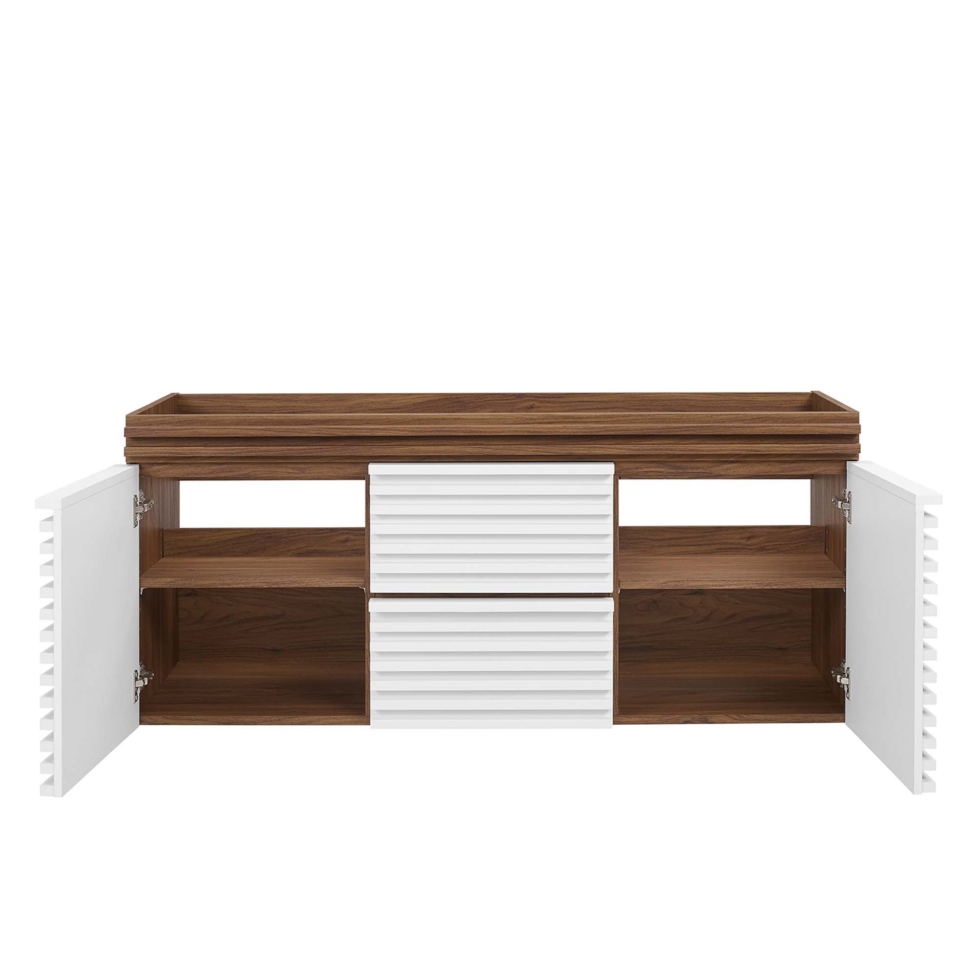 Walnut-top, white-frame bathroom vanity cabinet with doors open to reveal shelves and slatted central drawers.