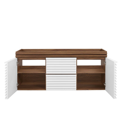 Walnut-top, white-frame bathroom vanity cabinet with doors open to reveal shelves and slatted central drawers.