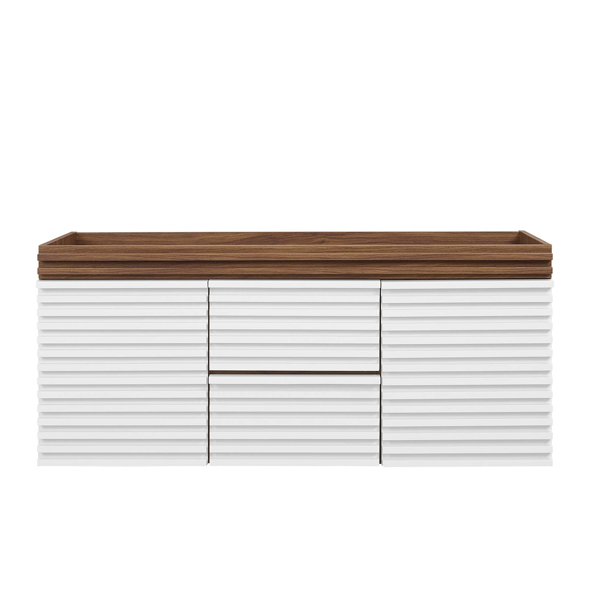 White ribbed bathroom vanity cabinet with walnut top, low-profile design featuring center drawers and outer storage doors.