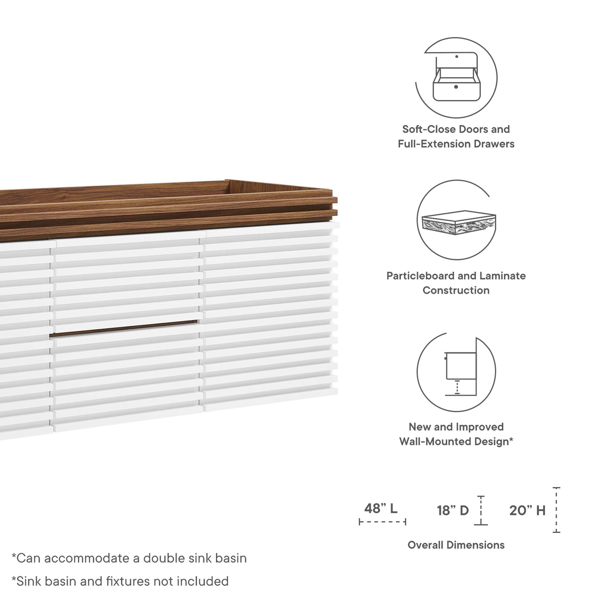 White louvered wall cabinet with walnut top; wall-mounted with soft-close doors and full-extension drawers.
