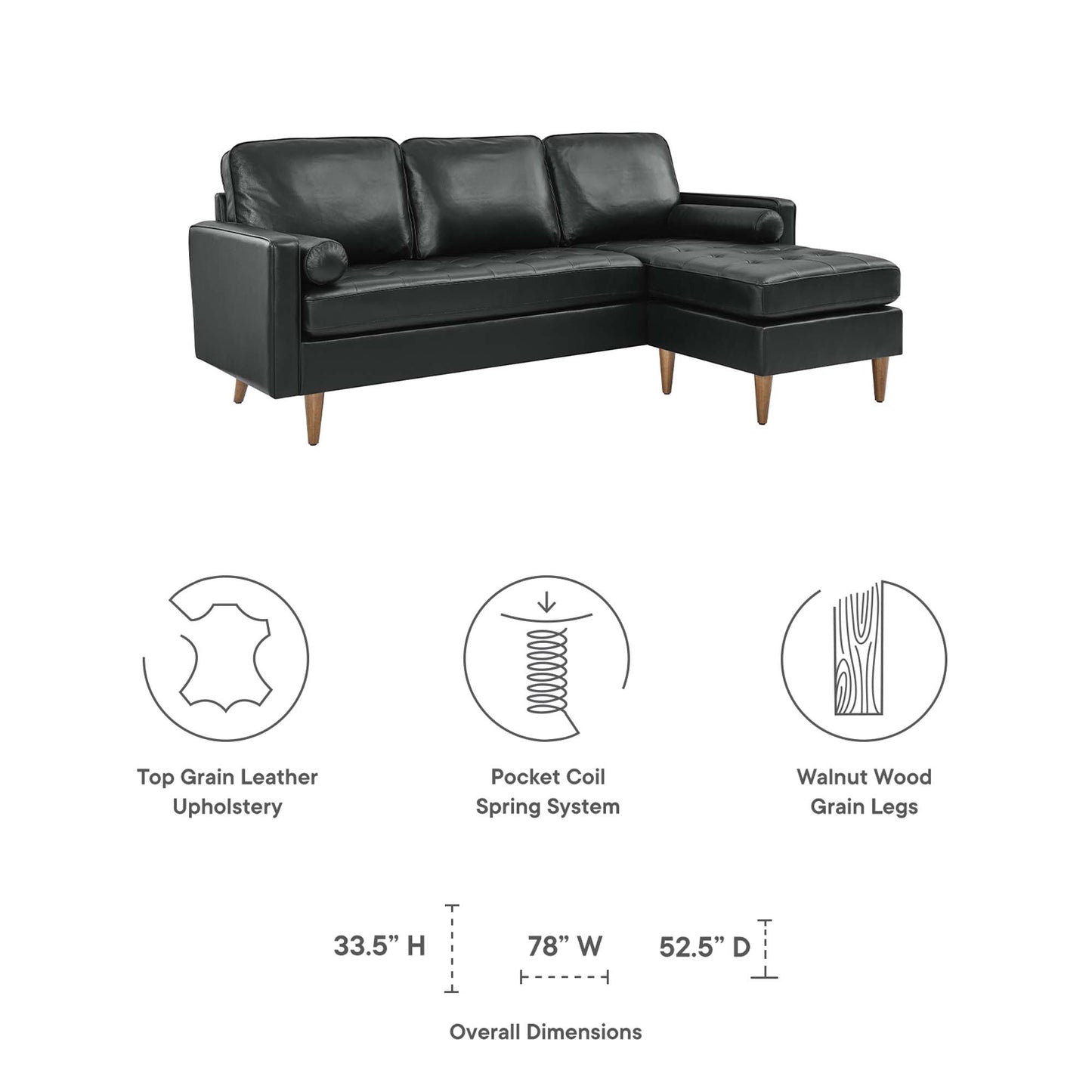 Modway Outlet Valour 78" Leather Apartment Sectional Sofa by Modway  Living Room Furniture Black - EEI-5872-BLK