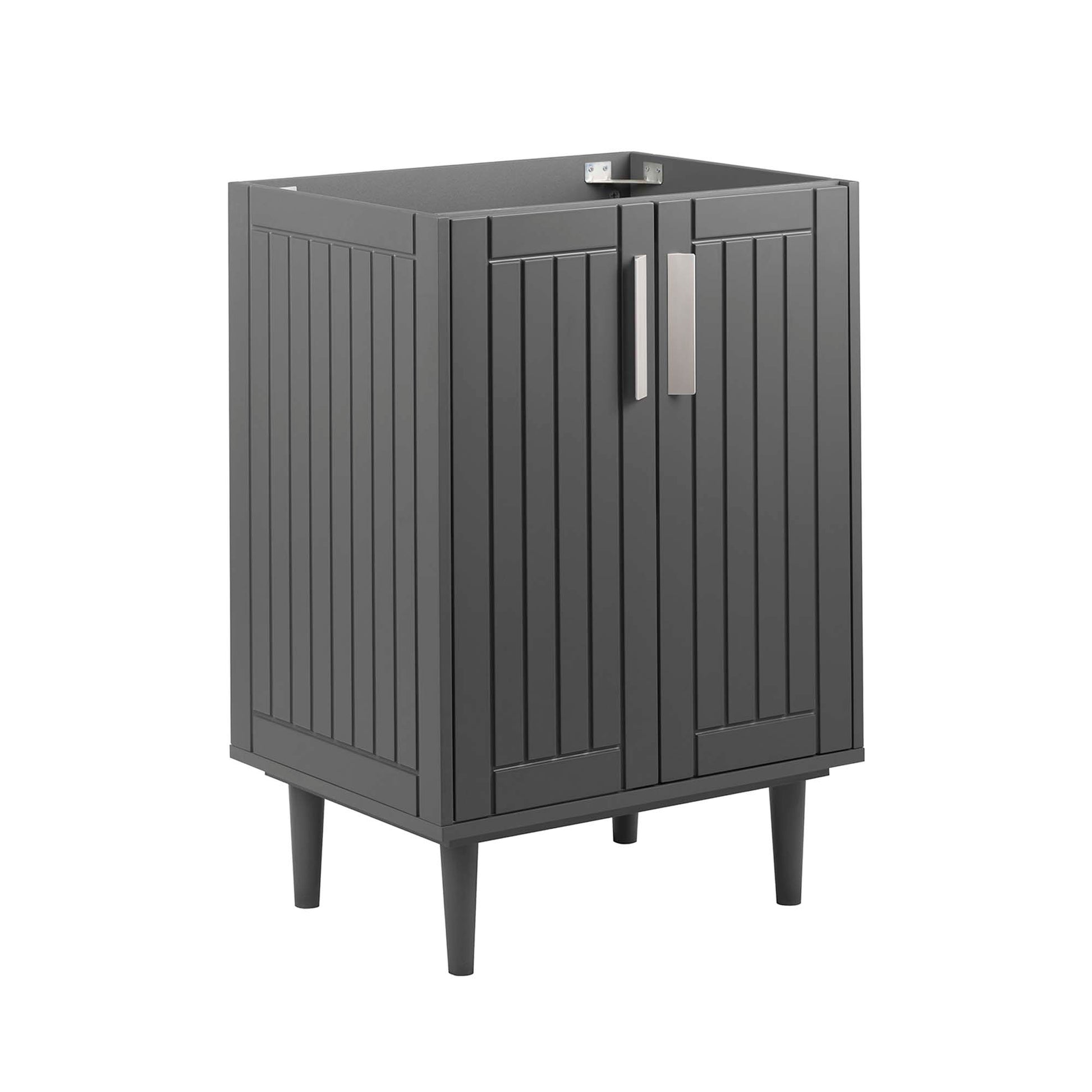 Gray metal freestanding cabinet with vertical slat doors, twin handles, and tapered legs.
