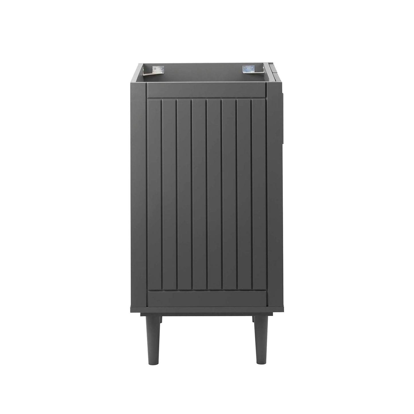 Gray vertical-slatted storage cabinet on four legs, compact outdoor/indoor storage.