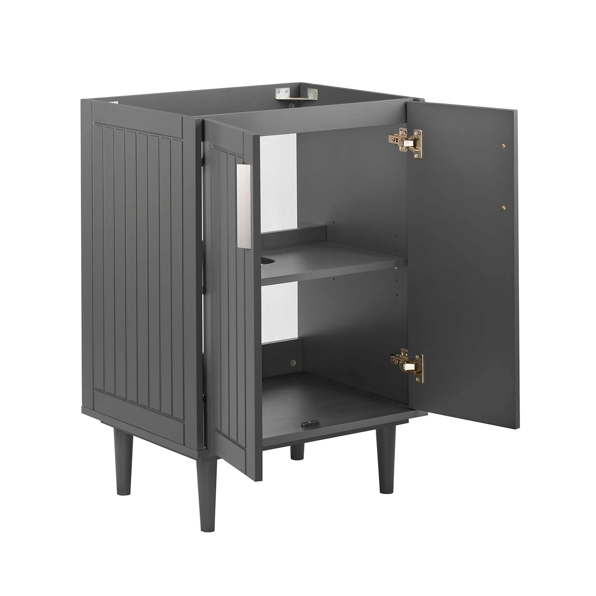 Gray wooden mid-century cabinet with slatted doors, two interior shelves, raised tapered legs.