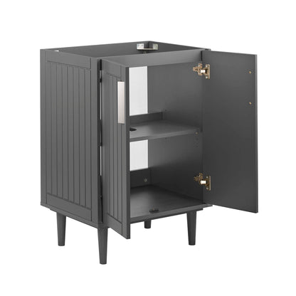 Gray wooden mid-century cabinet with slatted doors, two interior shelves, raised tapered legs.