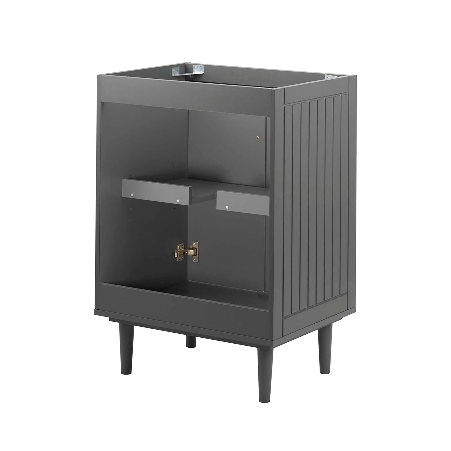 Gray mid-century bathroom vanity cabinet on tapered legs with slatted sides, open front showing two small pull-out shelves inside.
