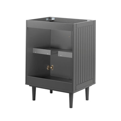 Gray mid-century bathroom vanity cabinet on tapered legs with slatted sides, open front showing two small pull-out shelves inside.