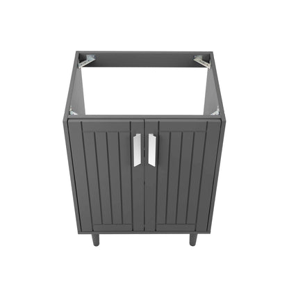 Gray bathroom vanity cabinet with two vertical slat doors, silver pulls, and raised legs