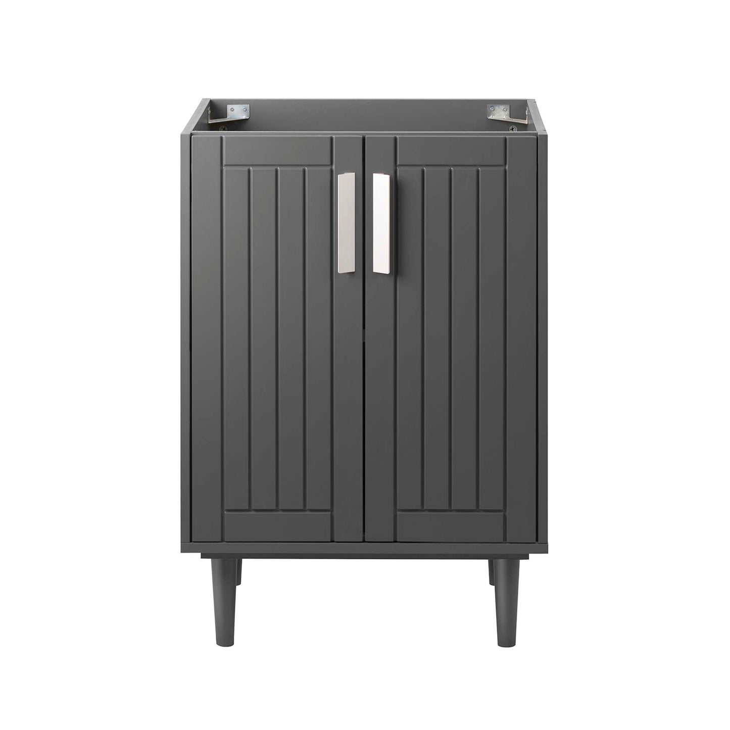 Dark gray cabinet with vertical slat doors, raised legs and silver handles; modern storage