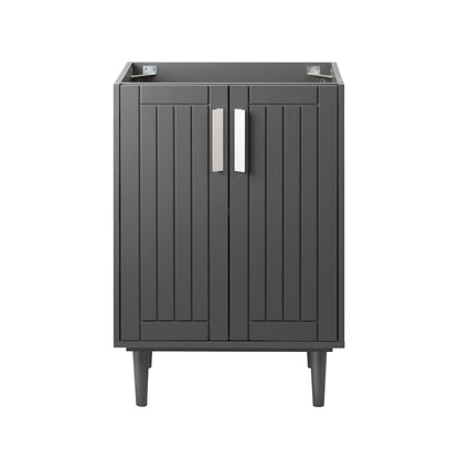 Dark gray cabinet with vertical slat doors, raised legs and silver handles; modern storage