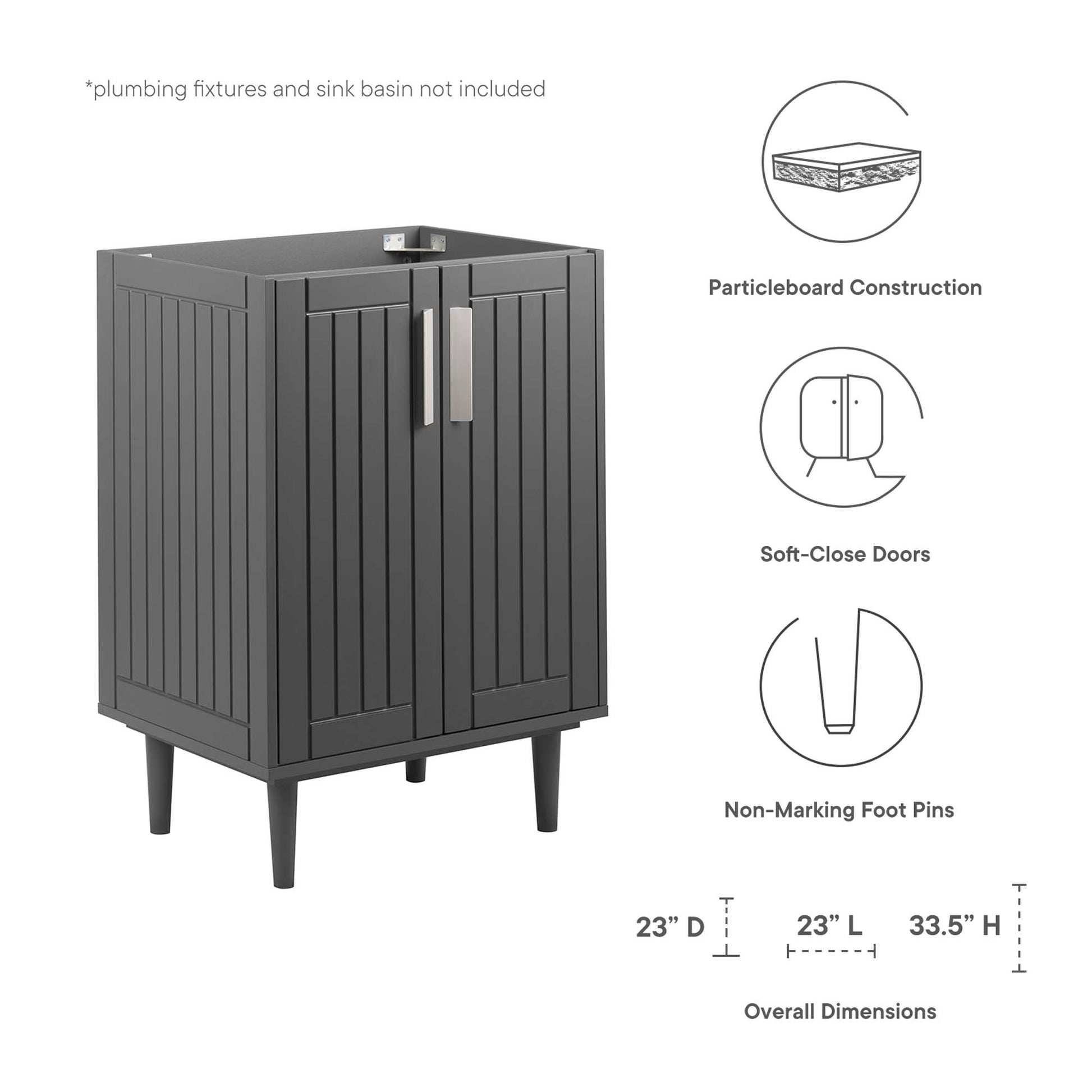 Gray particleboard bathroom vanity cabinet with slatted double doors on raised legs; soft-close doors; 33.5inH x 23inD x 23inL