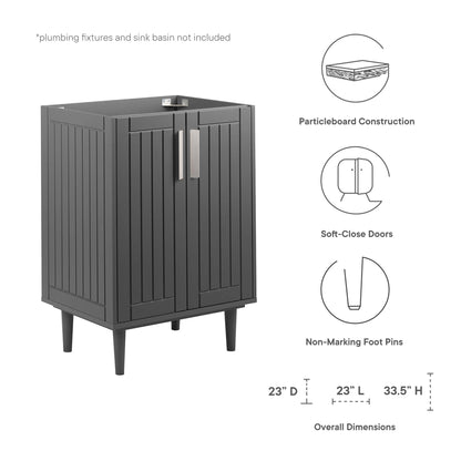 Gray particleboard bathroom vanity cabinet with slatted double doors on raised legs; soft-close doors; 33.5inH x 23inD x 23inL