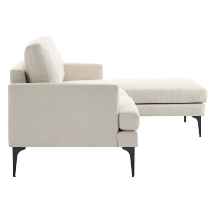 Beige fabric sectional with chaise, modern low-profile frame and black metal legs.
