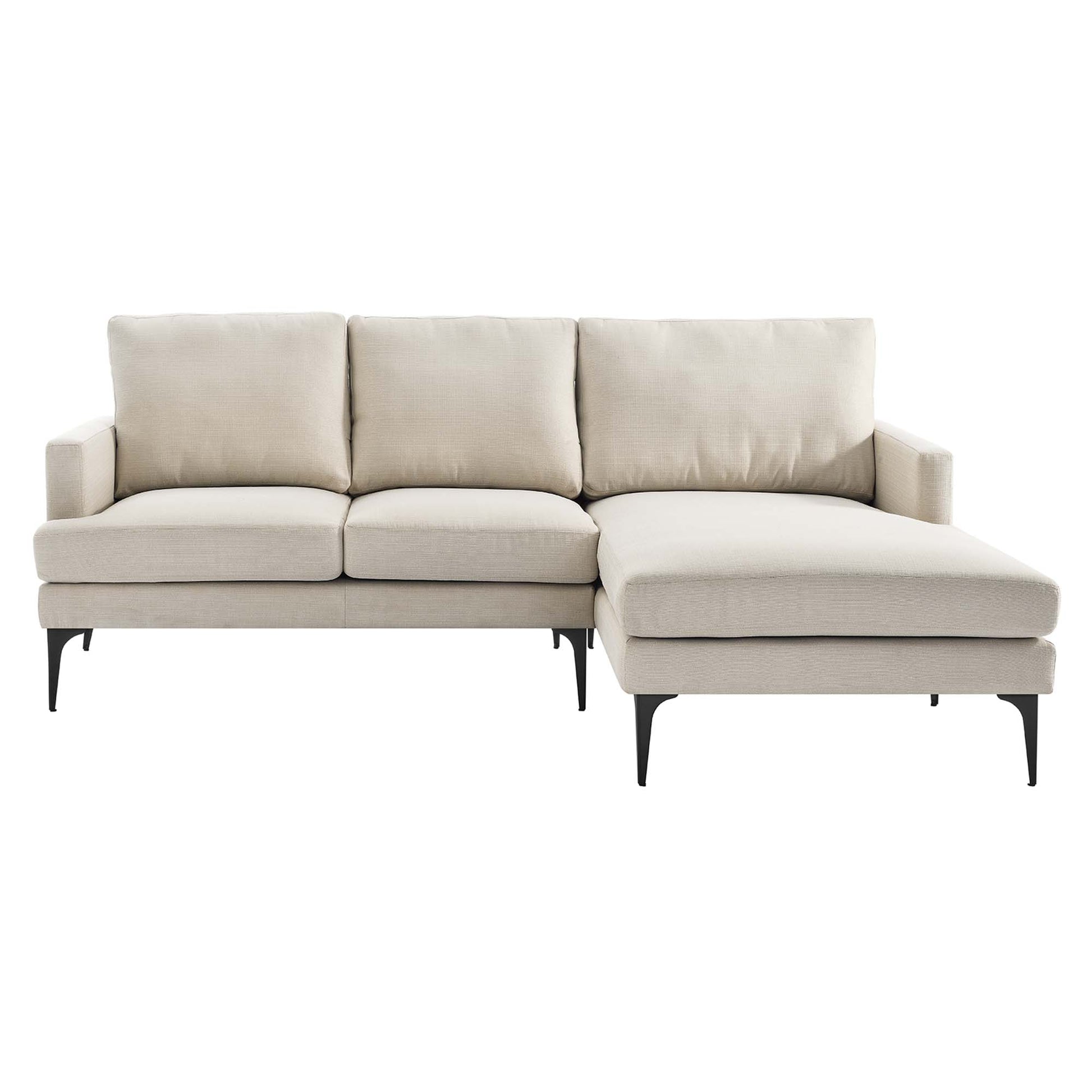 Beige fabric sectional sofa with right-facing chaise, three back cushions, slim black metal legs, modern living room style.