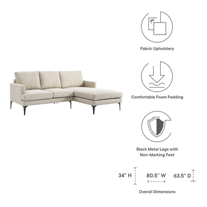 Beige fabric sectional with chaise, foam-padded cushions, black metal legs with non-marking feet; 34'H x 80.5'W x 63.5'D.