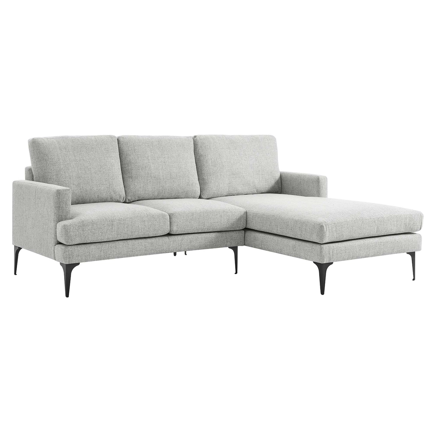 Light gray L-shaped sectional sofa with chaise on right, slim black metal legs, cushioned back and seat.
