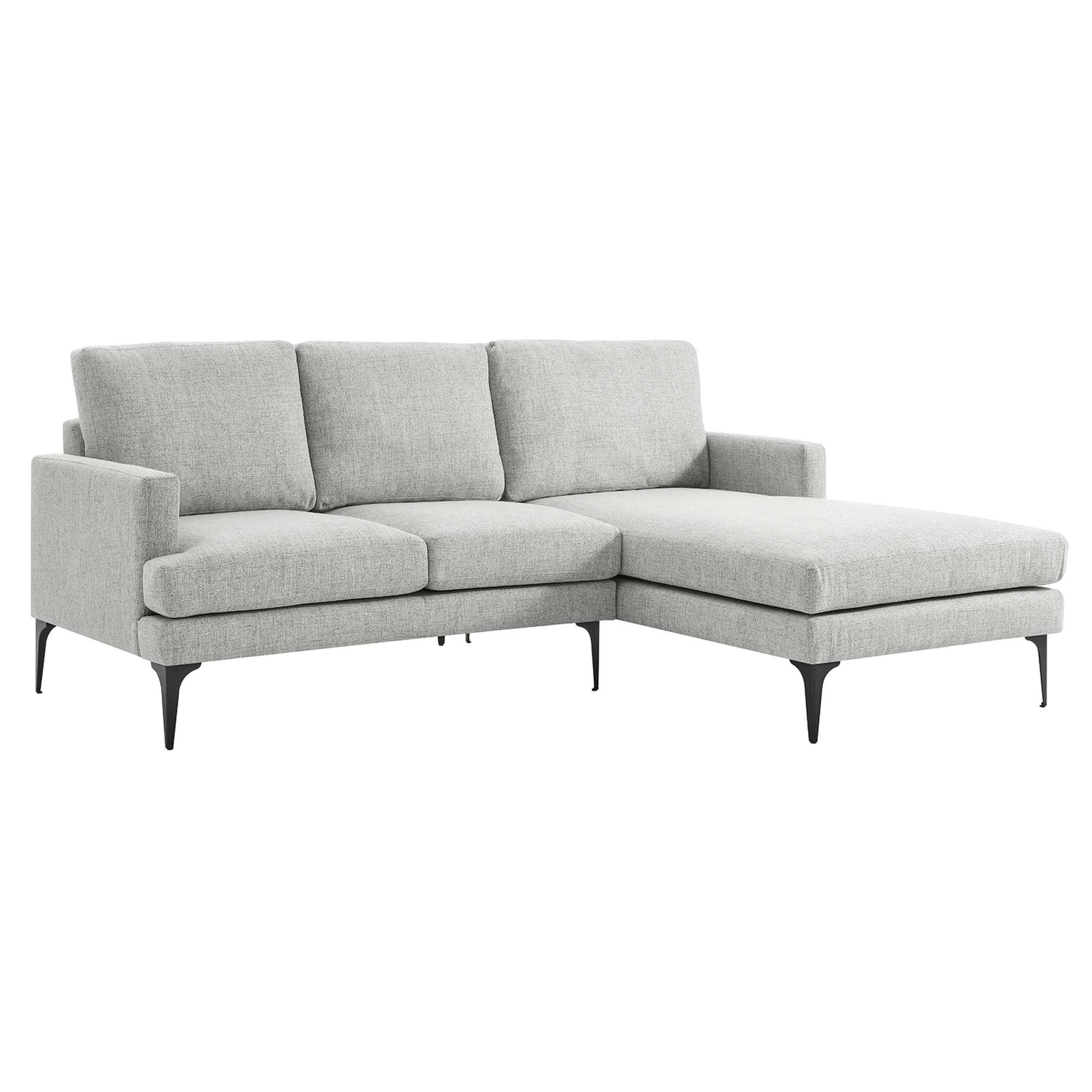 Light gray L-shaped sectional sofa with chaise on right, slim black metal legs, cushioned back and seat.