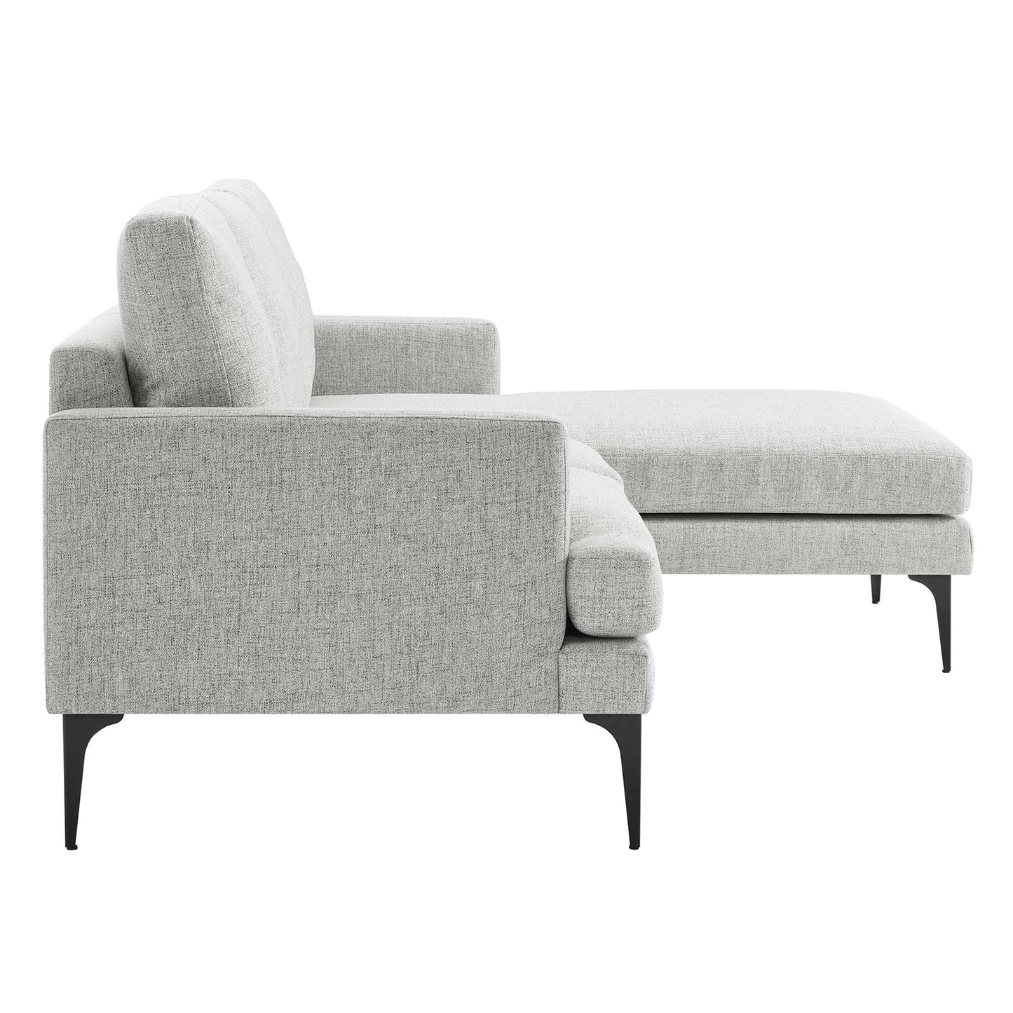 Light gray fabric right-facing sectional sofa with chaise lounge, tapered black legs, modern style.