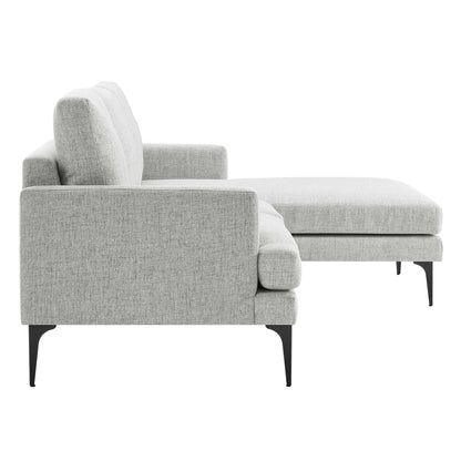 Light gray fabric right-facing sectional sofa with chaise lounge, tapered black legs, modern style.