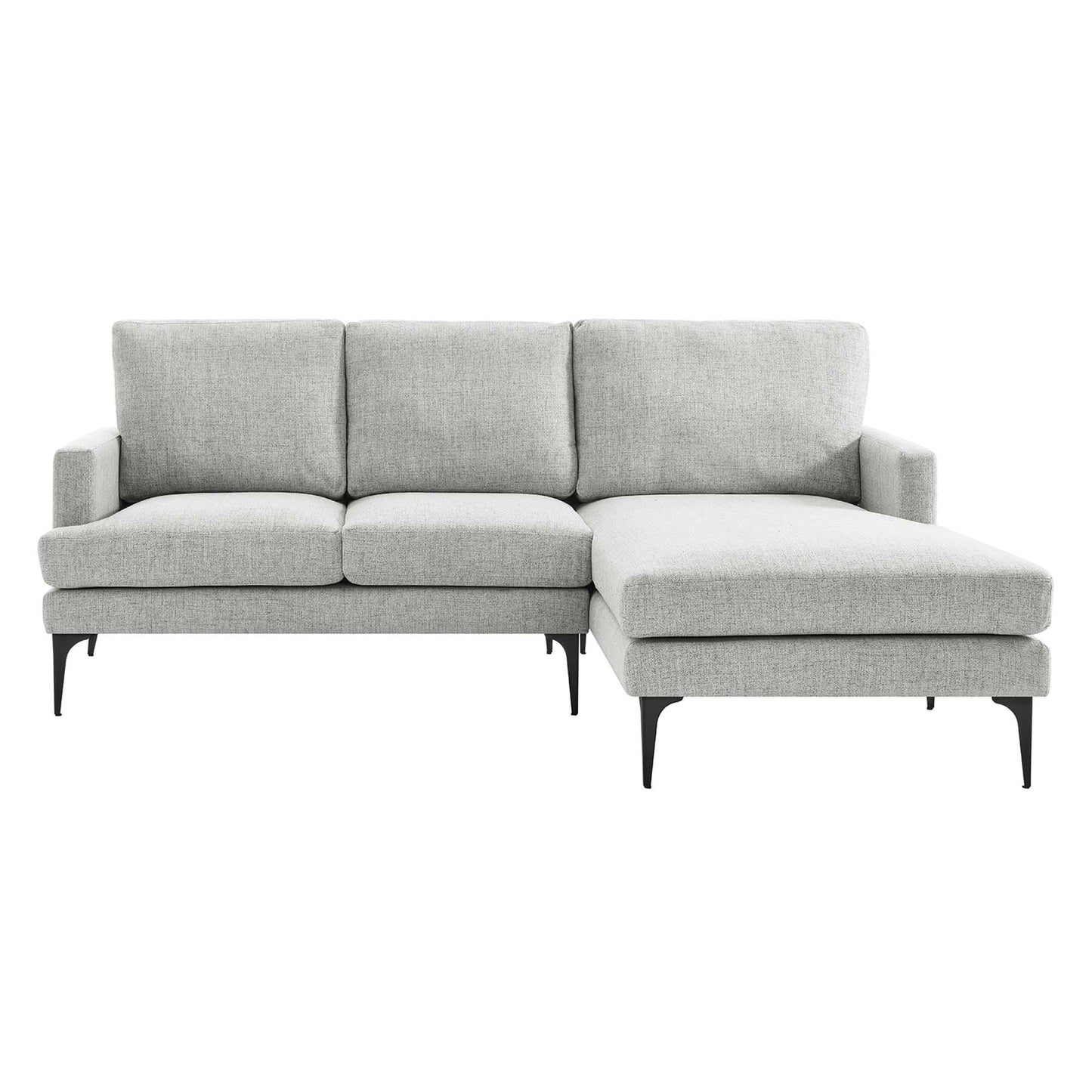 Gray fabric right-facing sectional sofa with a chaise, contemporary style, slim black metal legs.