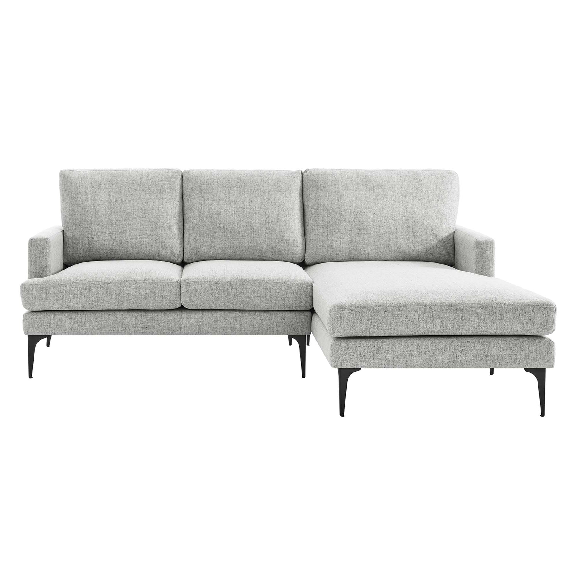 Gray fabric right-facing sectional sofa with a chaise, contemporary style, slim black metal legs.