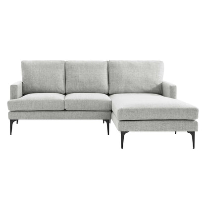 Gray fabric right-facing sectional sofa with a chaise, contemporary style, slim black metal legs.