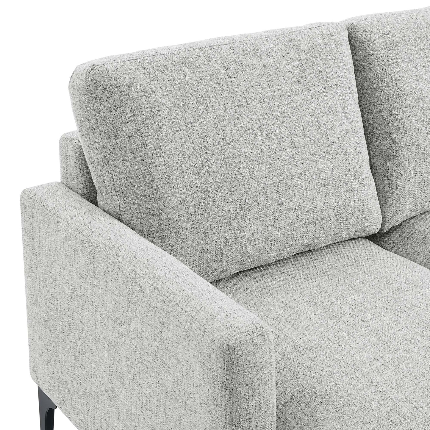 Light gray textured fabric sectional sofa with straight square arms, right-facing configuration and two back cushions, modern living room seating.
