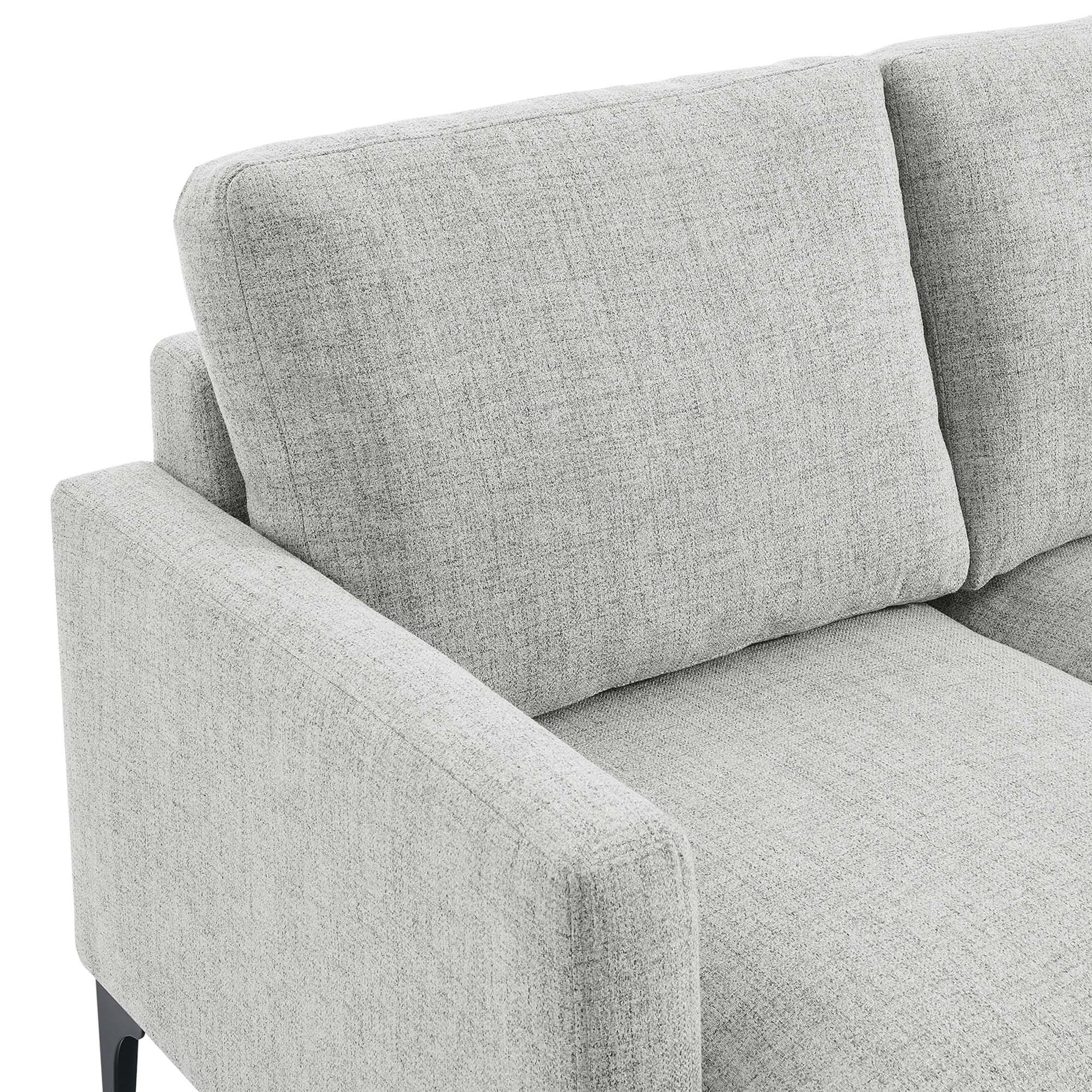 Light gray textured fabric sectional sofa with straight square arms, right-facing configuration and two back cushions, modern living room seating.