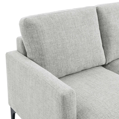 Light gray textured fabric sectional sofa with straight square arms, right-facing configuration and two back cushions, modern living room seating.