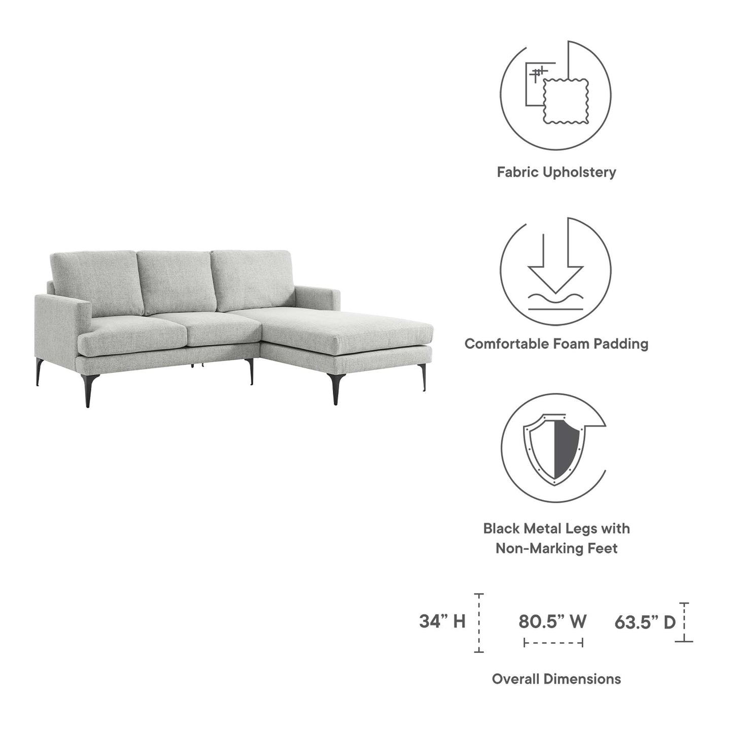 Right-facing light gray fabric sectional sofa with chaise, foam cushions, and black metal non-marking legs.