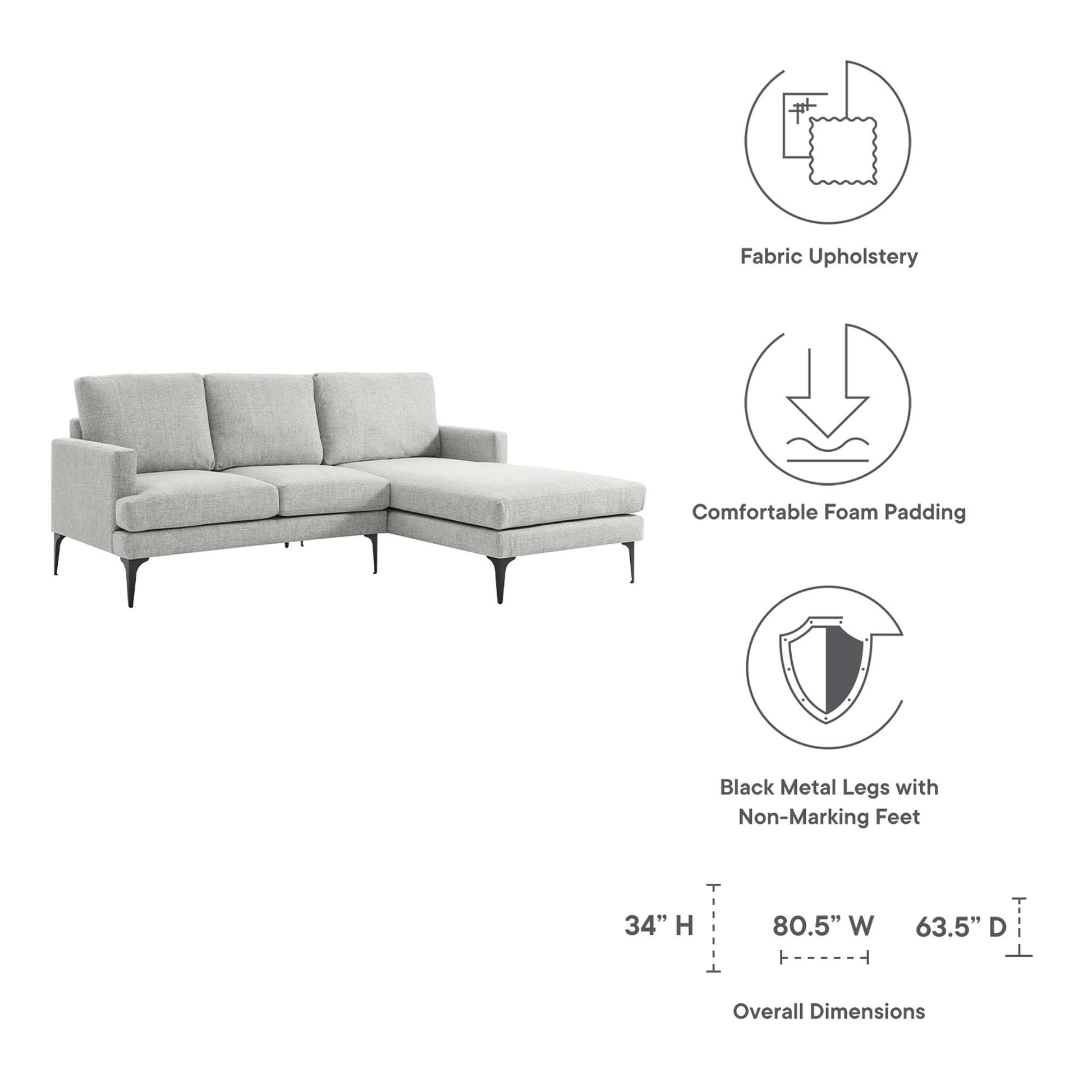 Right-facing light gray fabric sectional sofa with chaise, foam cushions, and black metal non-marking legs.
