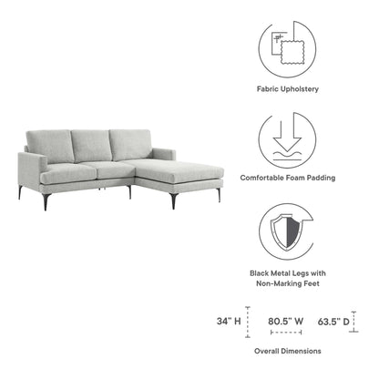 Right-facing light gray fabric sectional sofa with chaise, foam cushions, and black metal non-marking legs.