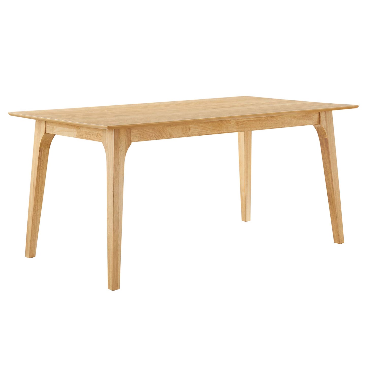 Light oak rectangular dining table with curved tapered legs in mid-century style.