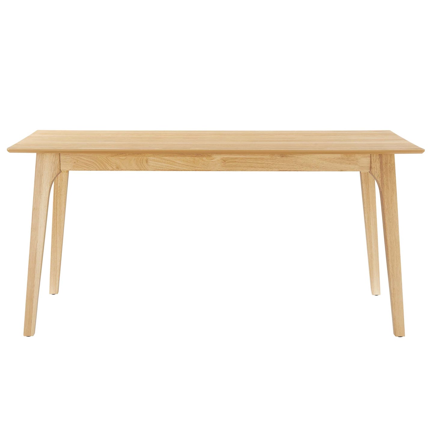Oak wood rectangular dining table with curved, tapered legs and a light oak finish.