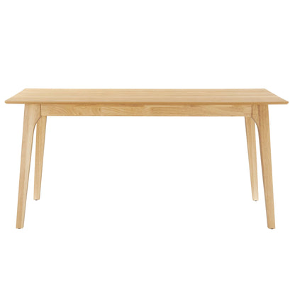 Oak wood rectangular dining table with curved, tapered legs and a light oak finish.
