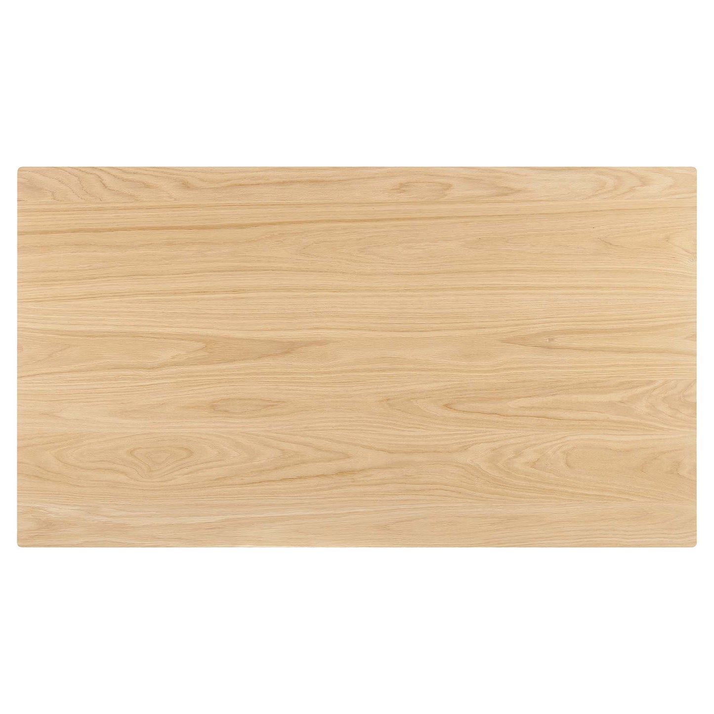 Rectangular oak dining table with rounded corners and natural wood grain.