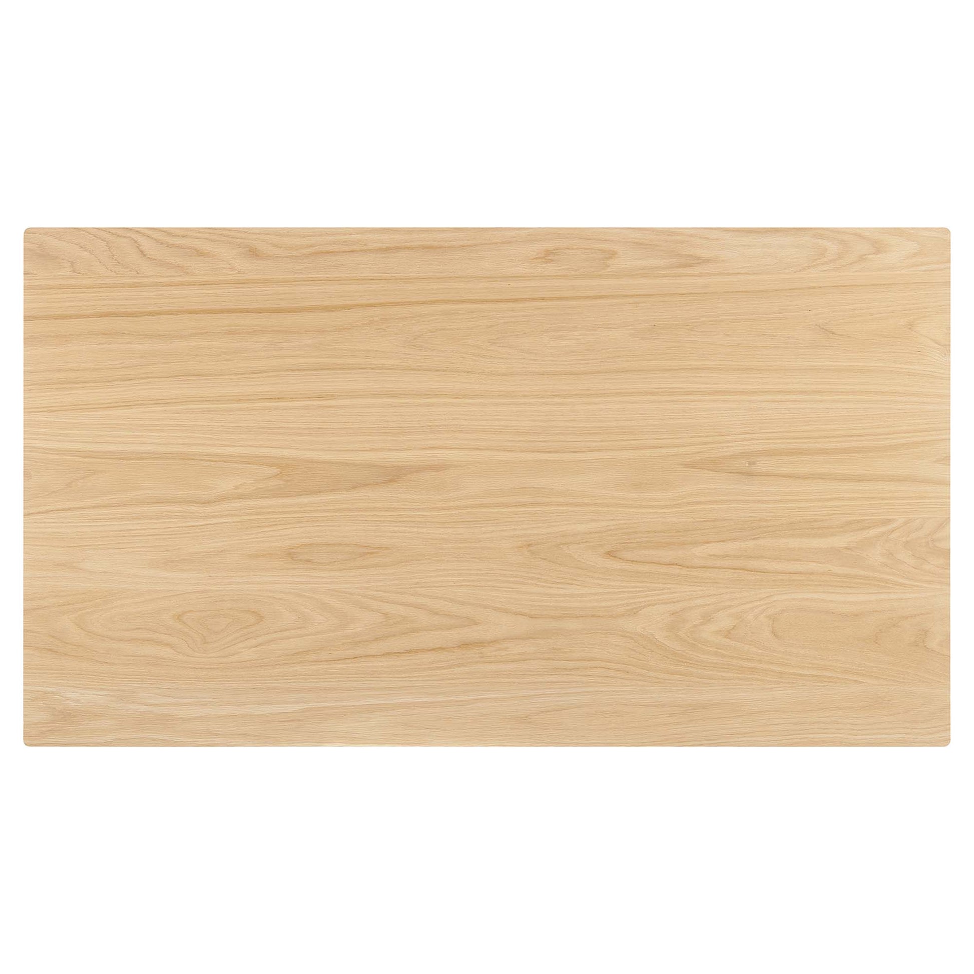 Rectangular oak dining table with rounded corners and natural wood grain.